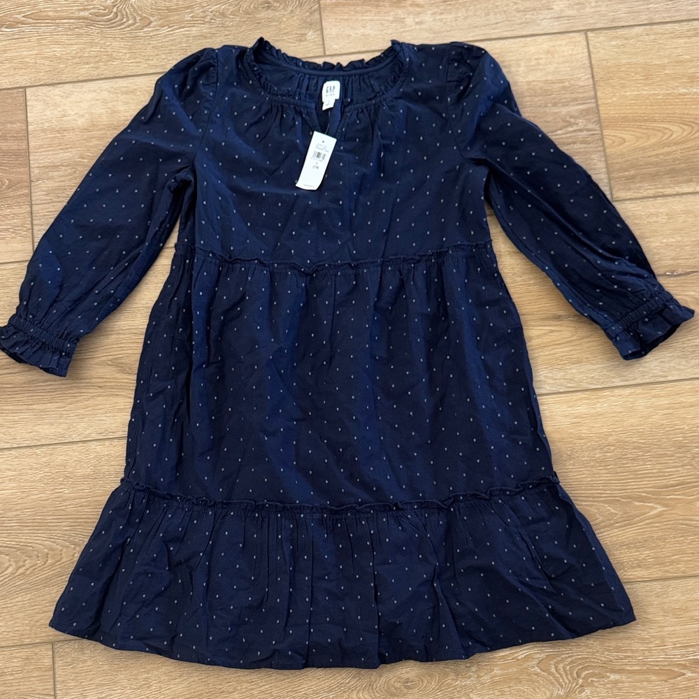 NWT GAP Kids Navy Dot Shine Ruffle-Hem Long Sleeve Dress, Size L (10)